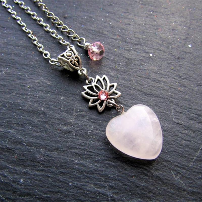 Quartz Necklace Natural Stone-Heart Charm Clavicle Chain for Women Lotus Flower Pendant Choker Party Valentines Day Gift