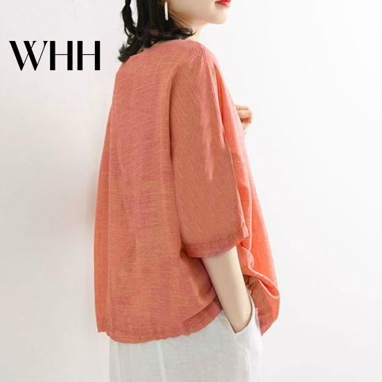 Loose Fit Women Top Summer Casual T-shirt O-Neck 3/4 Batwing Sleeve Pullover Round Neck Three-quarter Tops Solid Color Blouse Streetwear