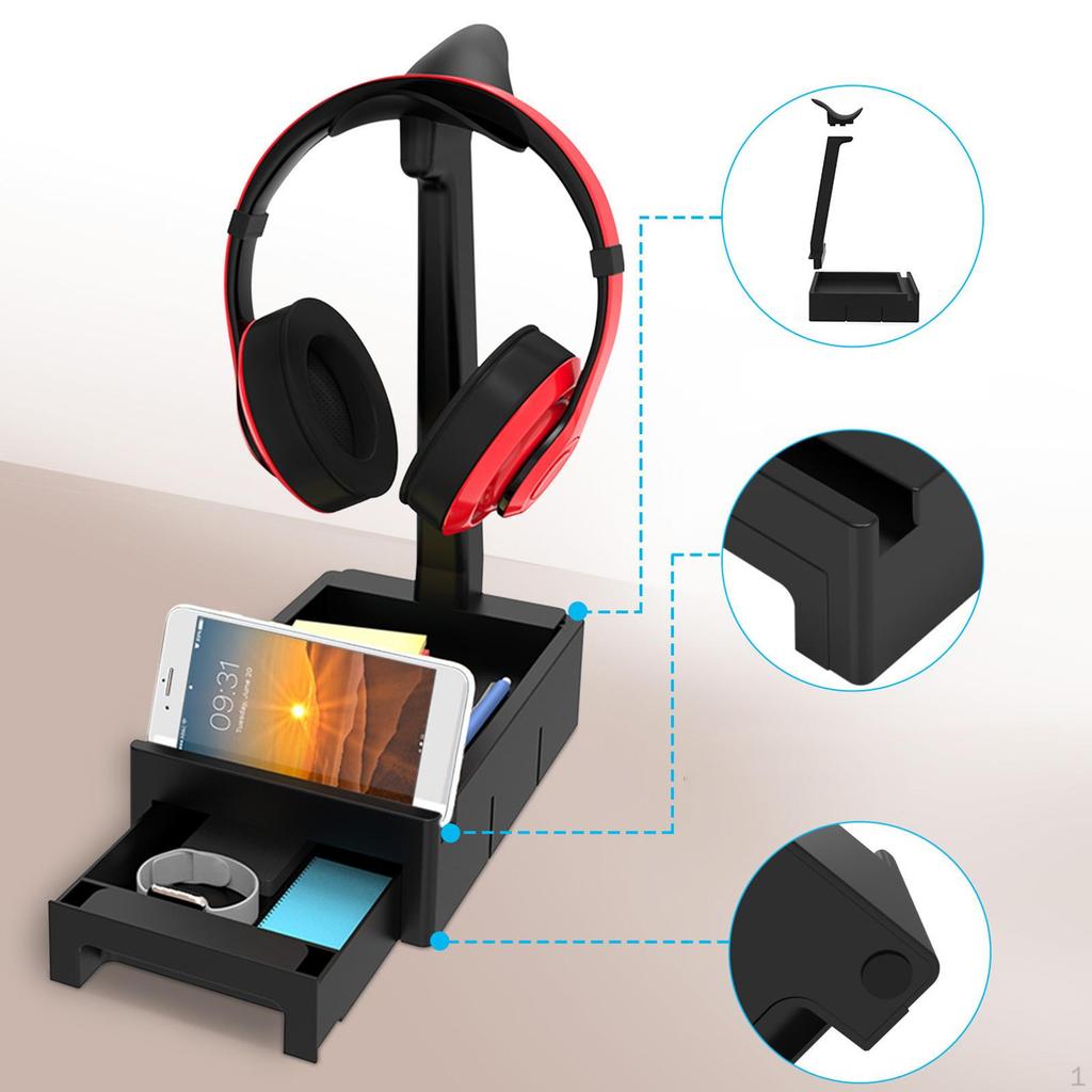 Headset Stand Phone Mount Adapter with Drawers Anti-Slip Headphone Hanger for Gamer Desktop Office