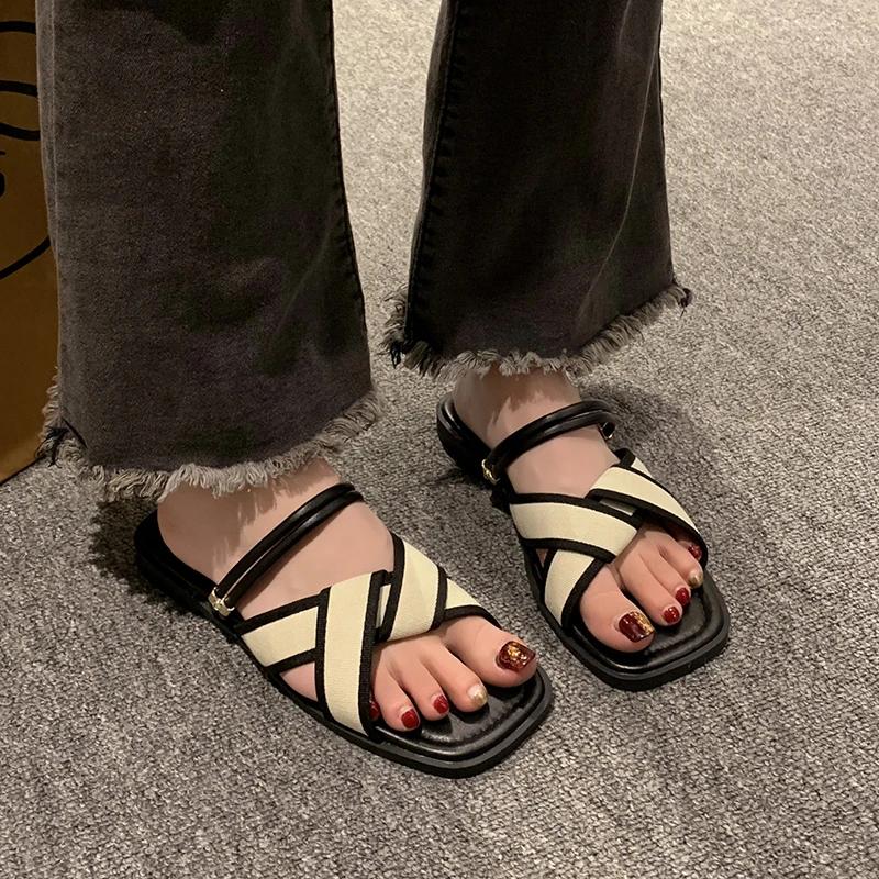 Slippers Women Summer Shoes Low Pantofle Shale Female Beach Slides Fashion Flat Luxury Cotton Fabric PU Rubber Rome