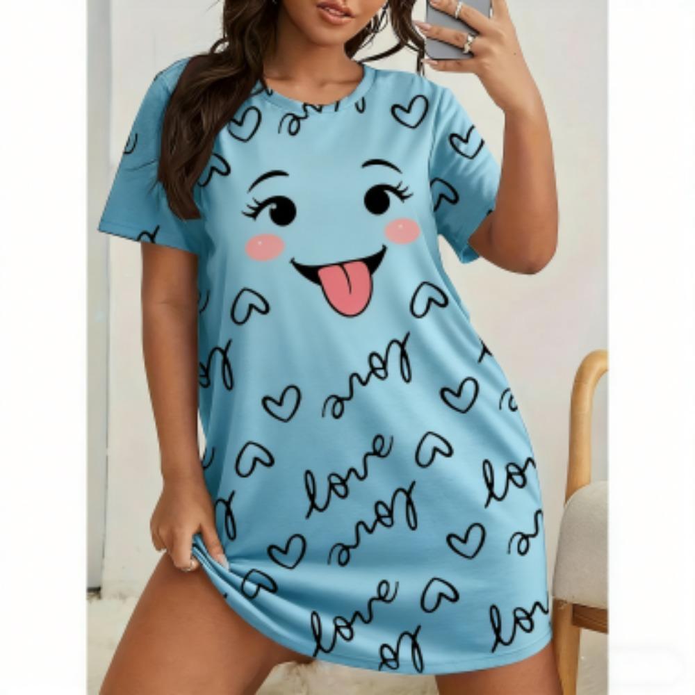 Sexy Lips Print For Women Short Sleeve Sleepwear Dresses Loose Casual Fit Tee Nightwear Home Clothes Nightie Loungewear Dresses