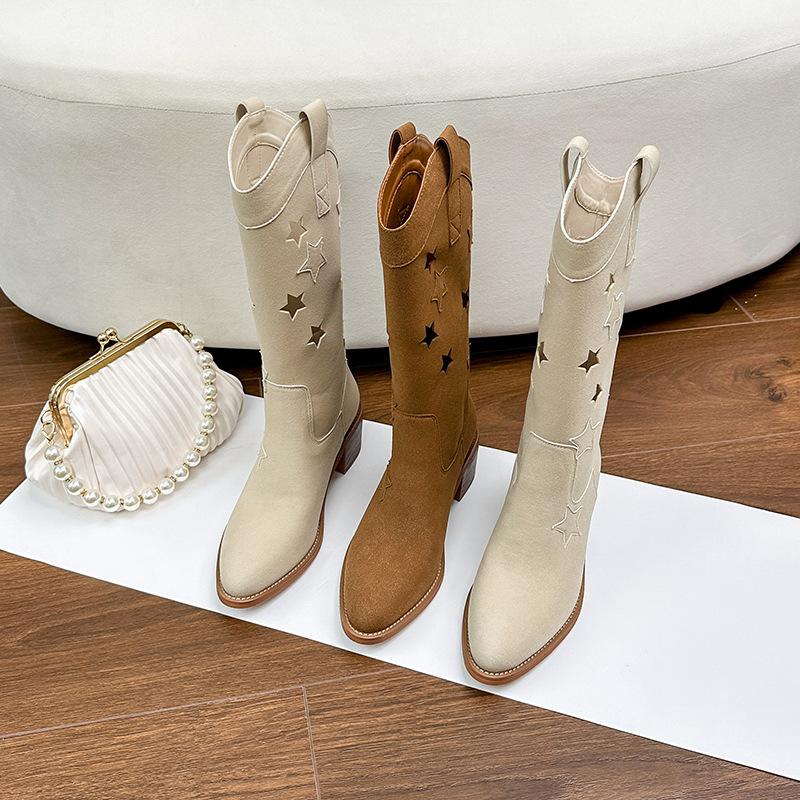 Western Cowboy Boots Women's Autumn New Hollow Thick Heel Retro Wind Matte Embroidered Medium Tube Breathable Boots