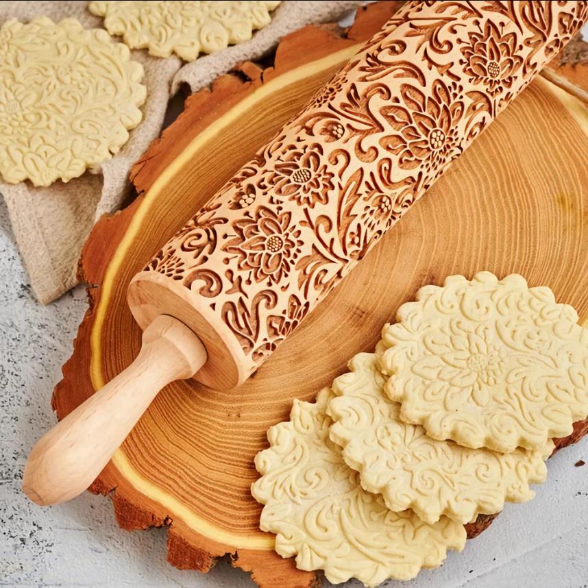 Christmas Rolling Pin With Bird Flower Print Patterns Wooden Embossed 3D Cookie Mold Laser Engraved DIY Baking Tool Dough Roller