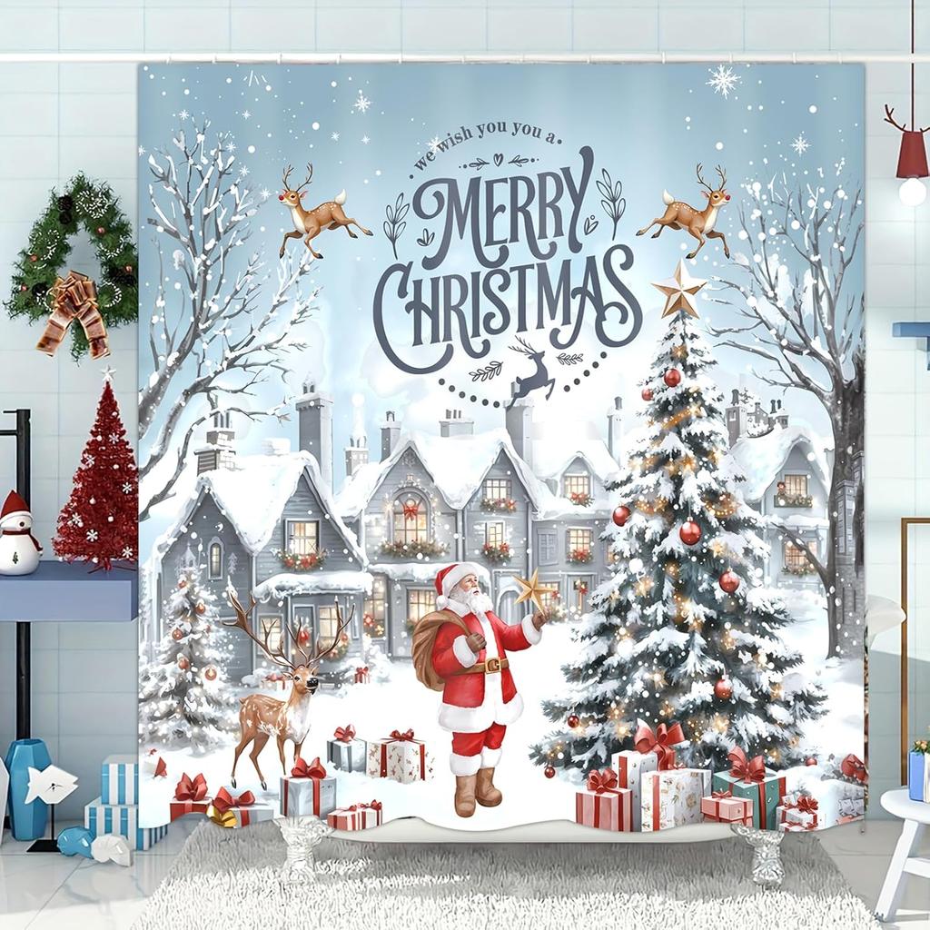 Christmas Shower Curtain,Winter Christmas Shower Curtains for Bathroom,Cute Funny Shower Curtain,Waterproof Polyester Insulated
