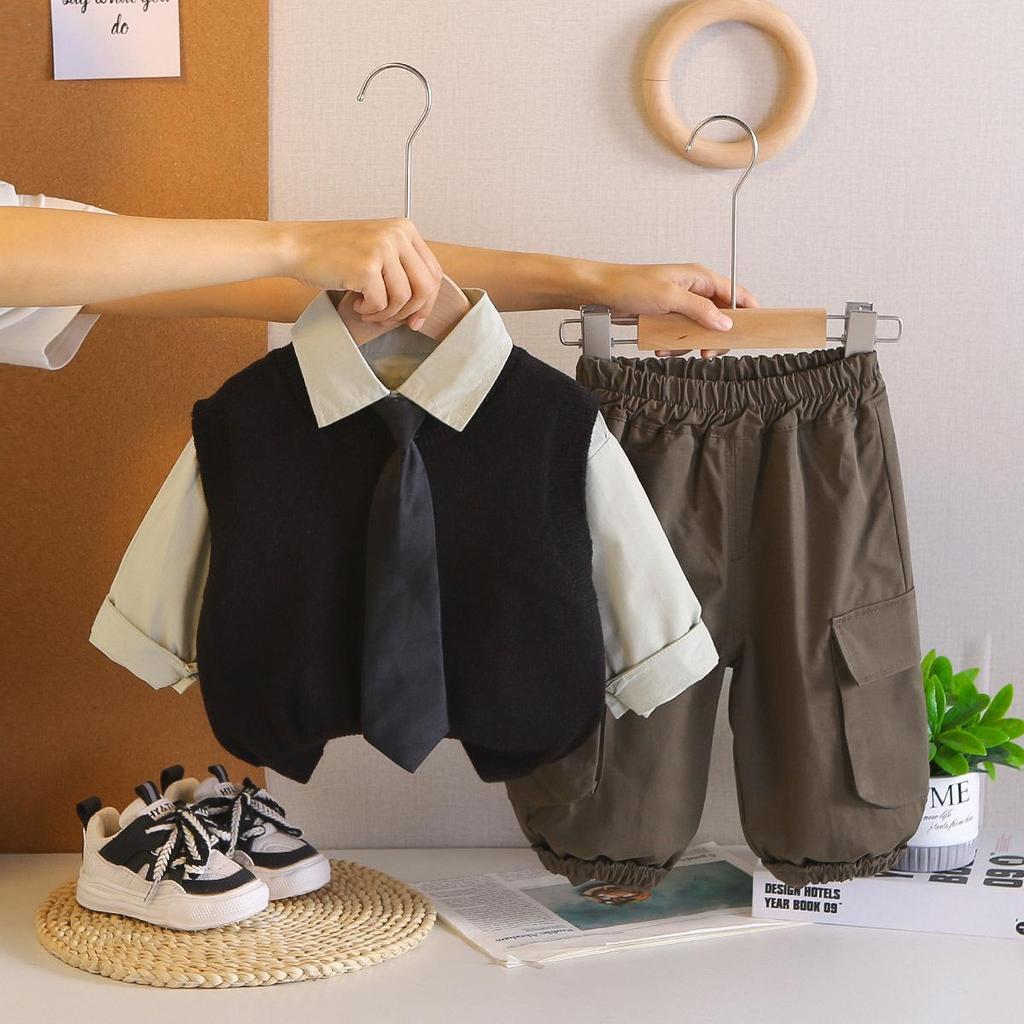 2026 New Baby Boy Spring/Autumn Outfit: Stylish Sweater Vest & Long Sleeve Three-Piece Set