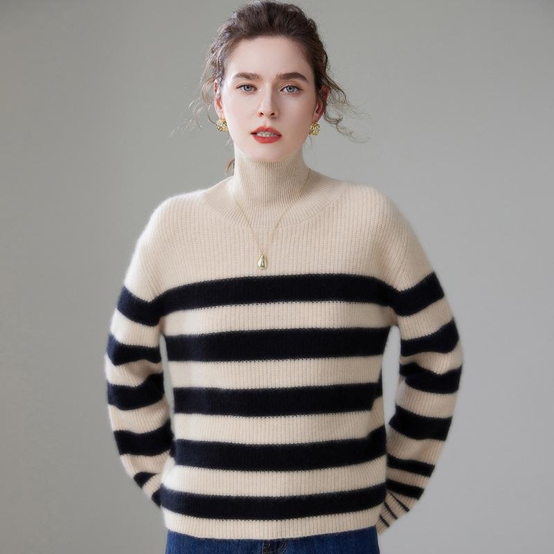 Women's Cashmere High-Neck Striped Sweater, Loose Fit, Autumn/Winter Casual Knitwear