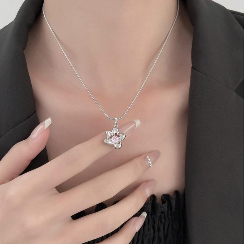 Women Necklace Pink Zircon Choker Necklace Thin Chain Minimalist Flower Pendant Necklace Jewelry Collar Chain Women Girl