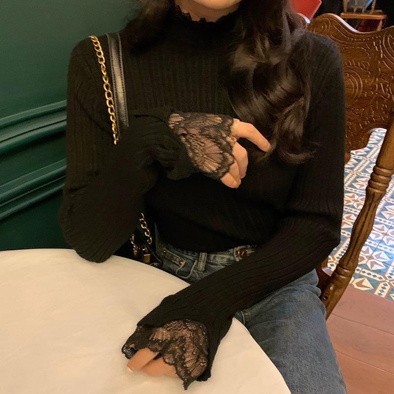 Spring Autumn Semi-turtleneck New Lace Pullover Long Sleeved Sweater Fashion Long Sleeve Women Knitted Bottoming Shirt Elegant Simple Slim Fit Top