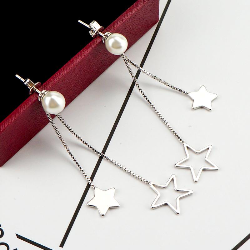 Exaggerated Tassel Fashionable Earrings for Women Imitation Earrings Geometric Five-pointed Star Rear Hanging Pearl Mid-length Earrings