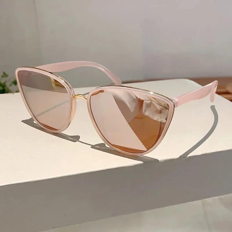 Luxury Designer Vintage Cat Eye Sunglasses for Women Men Trendy Punk Mirror Pink Shades Sexy Ladies Sun Glasses