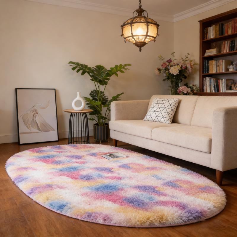 Rainbow Plush Carpet Oval Fluffy Rug For Girl Bedroom Long Pile Soft Beside Mat Large Area Rug Living Room Shaggy Kids Playroom Mat