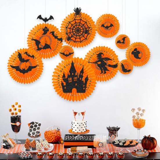 28 Pcs Halloween Hanging Paper Fans Decoration Spooky Witch Bat Honeycomb Round Paper Fans Ornament for Halloween Party Home Decor