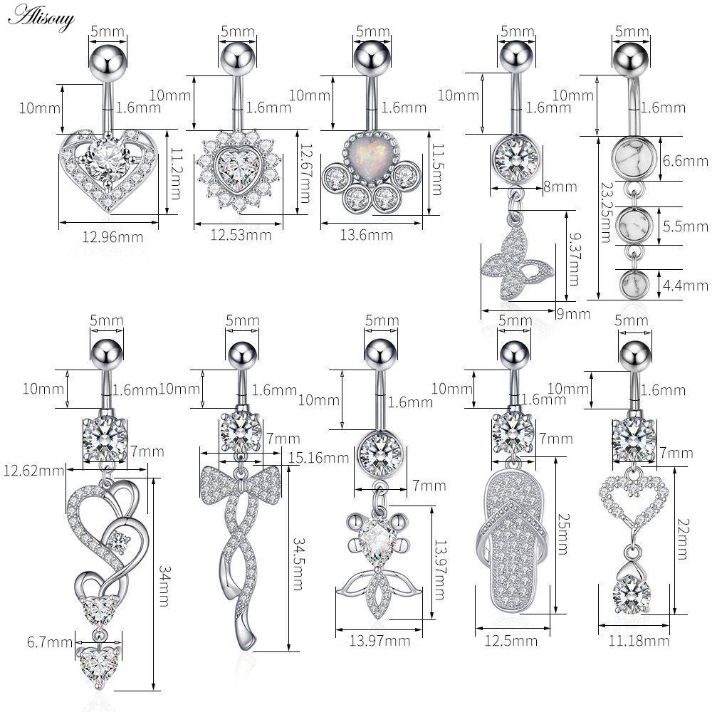 Alisouy 1pc Zircon Sexy Long Belly Ring Star Sun Moon Heart Navel Piercing Surgical Steel Women Belly Button Ring Navel Jewelry