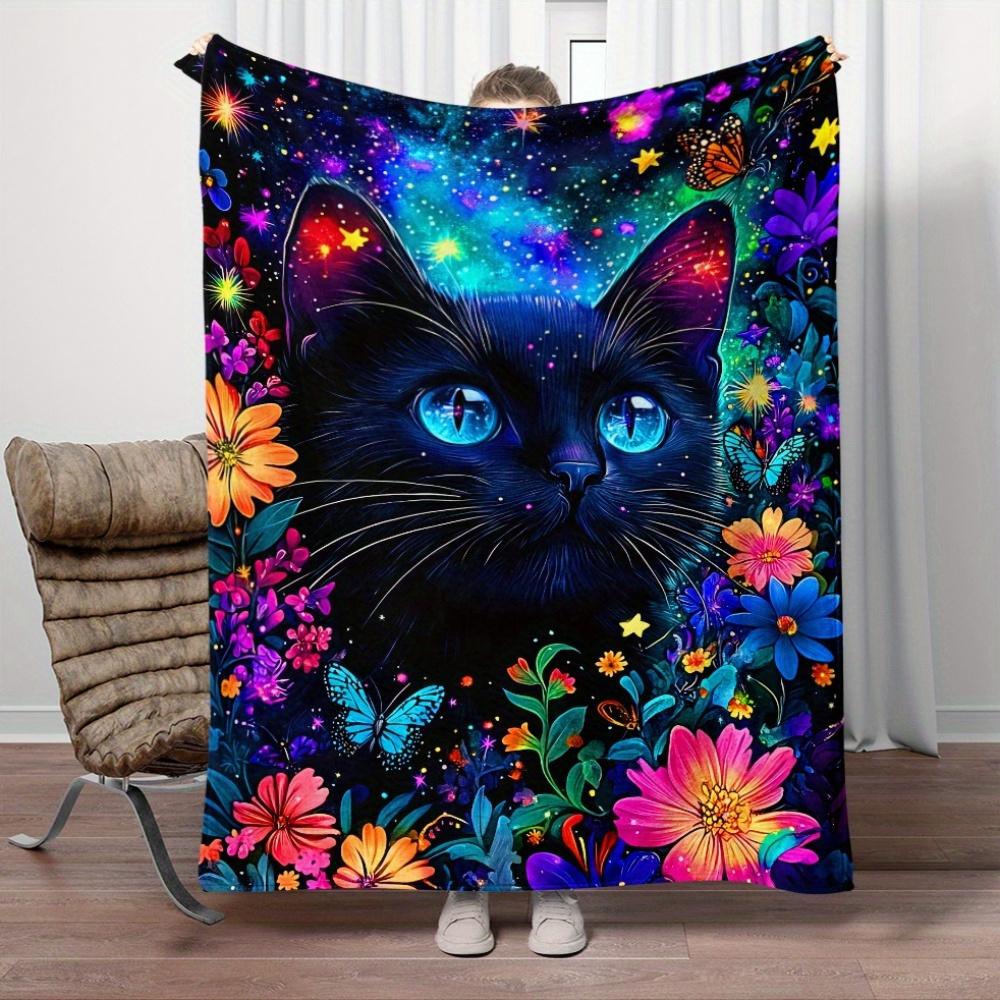 Mystic Black Cat Galaxy Floral Blanket Soft Flannel Throw Pillow Cover Home Decor Art Print Fantasy Animal Bedding Gift for Cat