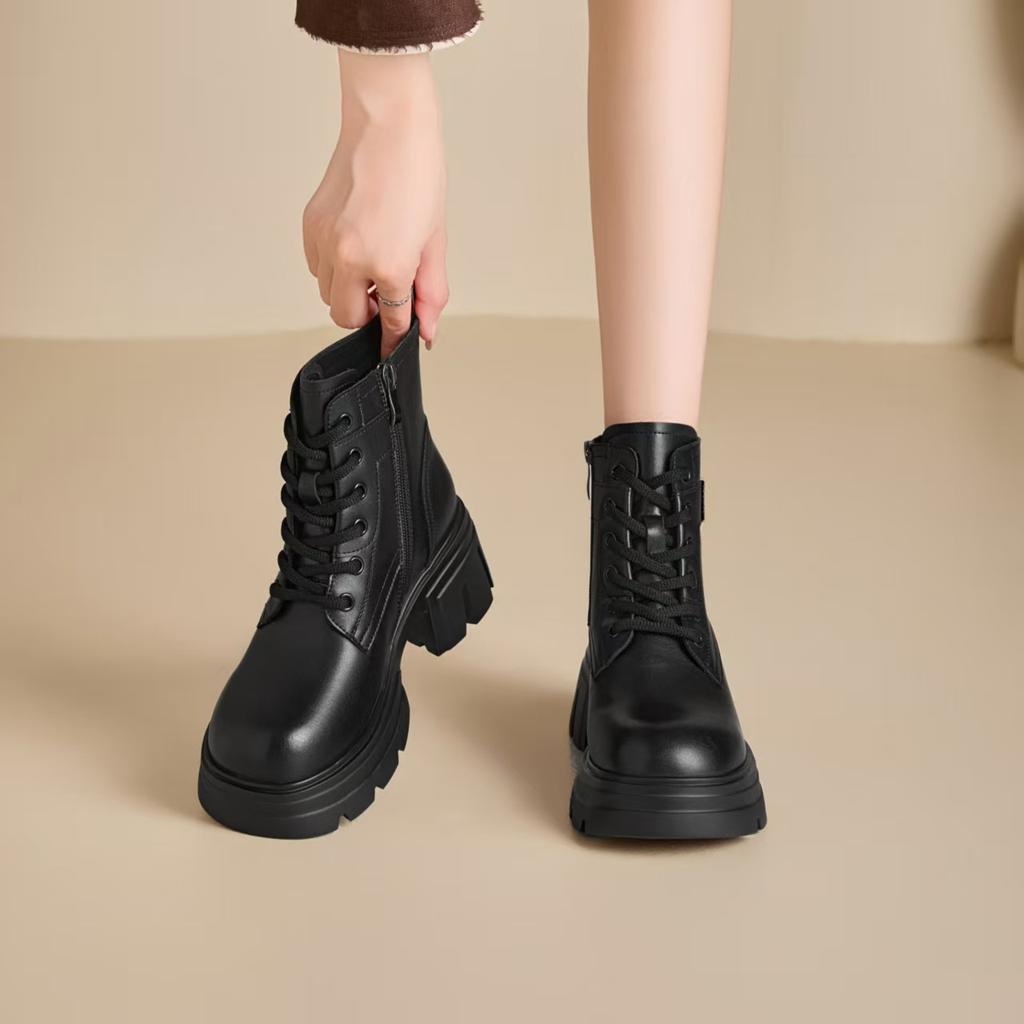 Autumn and Winter New Leather Thick-soled Martin Boots Women's Thick Heel Heightening Short Boots British Style Casual Versatile Locomotive Boots Tide