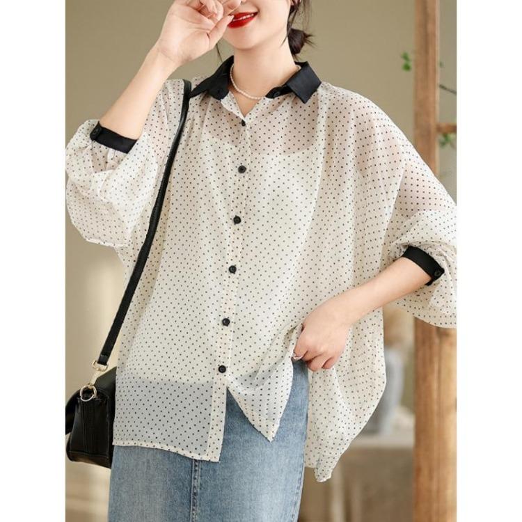 Neue Weiße Chiffonbluse Fledermausärmel Gepunktet Frühling Sommer Mode Oberteile Lockere T-Shirts Damenhemd