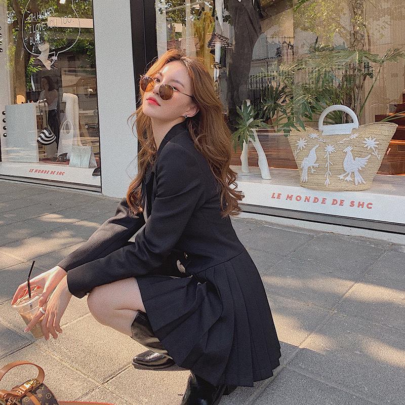 Korean Style Double-Breasted Suit Dress: 2025 Lightly Mature, Pure & Sexy, Pleated Design for Spring & Autumn