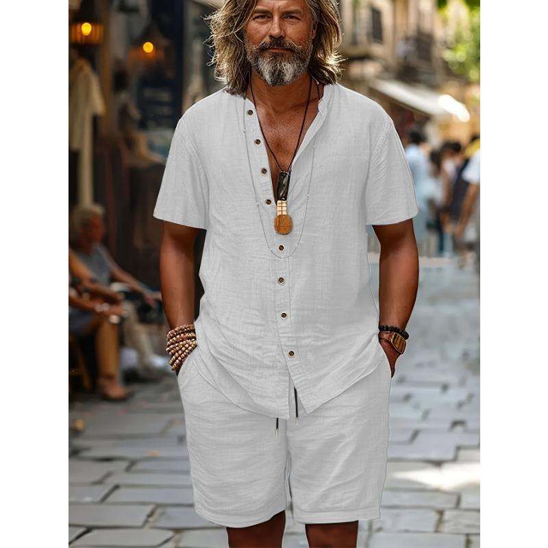 

Men s Lightweight Henley Top Drawstring Shorts Set for Vacation Daily Wear S белый