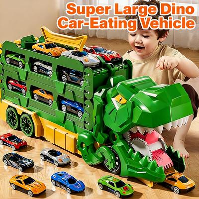 Tragbarer Dinosaurier-Auswurf-Truck: Faltbare Rennbahn, 24 Legierungsautos & Aufbewahrung – Perfektes Reisespielzeug für Kinder