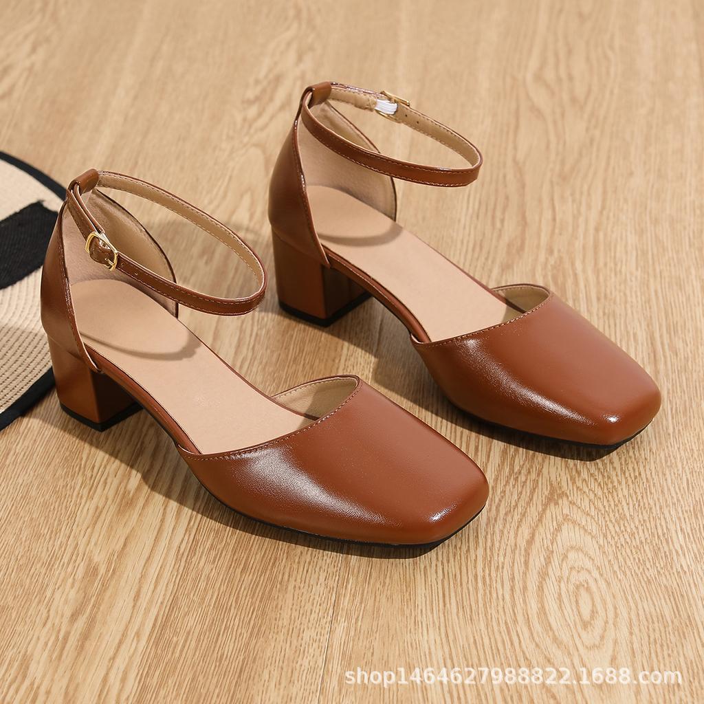 Women's summer new back bag hollow cross naked belt elegant low heel sandals fashion square head versatile high heels