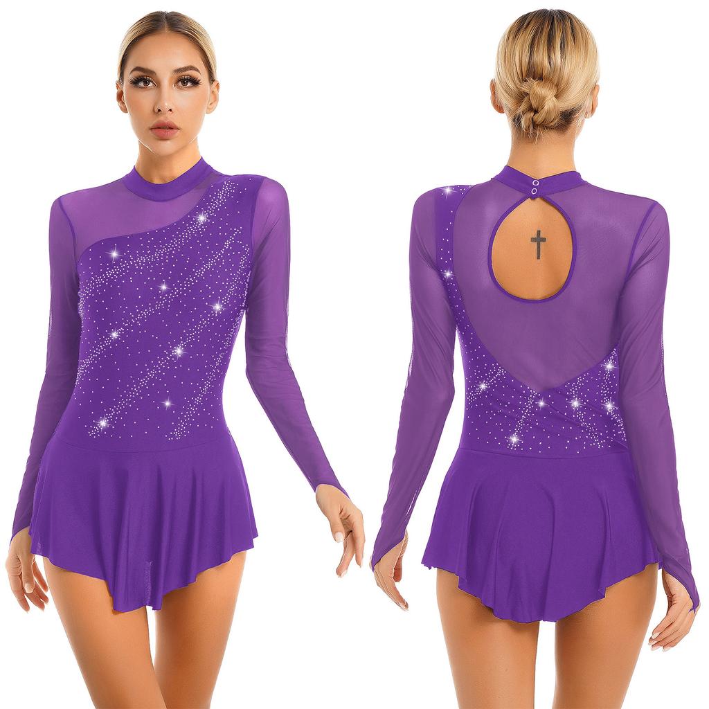 Womens Rhinestone Figure Ice Skating Dress Gymnastics Leotard Dress Long Sleeve Competition Dance Costume