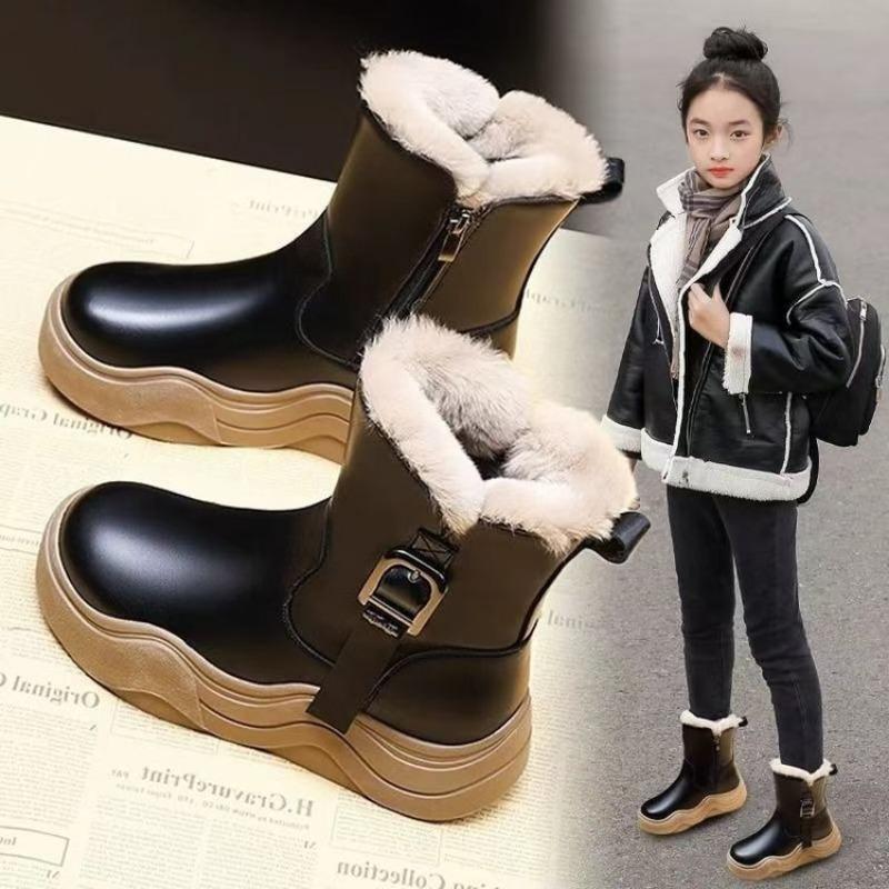 Kids Fleece Lined Side Zipper Thick Sole Warm Winter Mid Calf Boots 29 чёрный