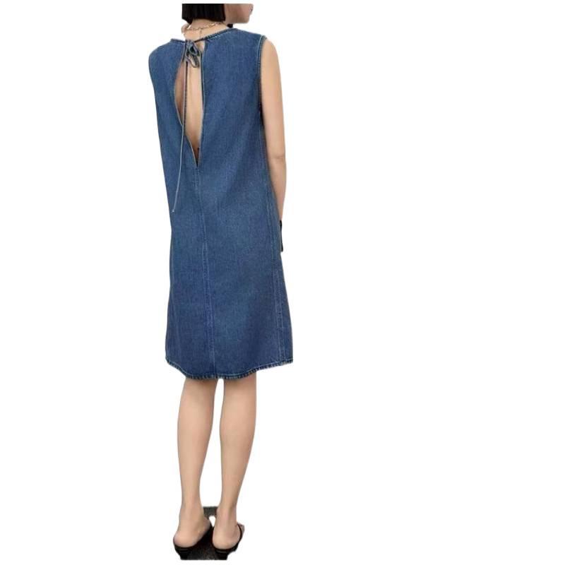 Damen Blau Patchwork Denim Bootausschnitt Sommerkleid
