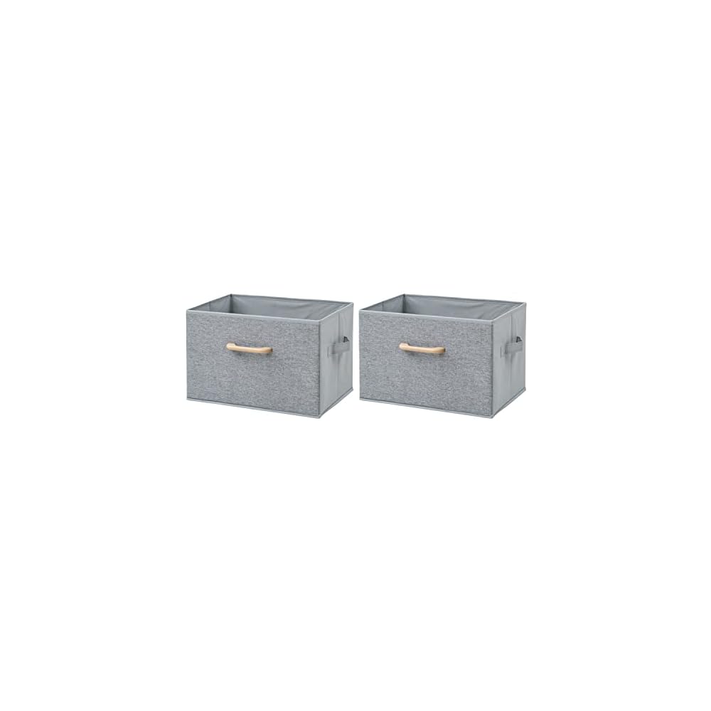 YAMAZEN Storage Boxes, Set of 2, Wooden Handles, Linen-like Fabric Front, Compatible with Color