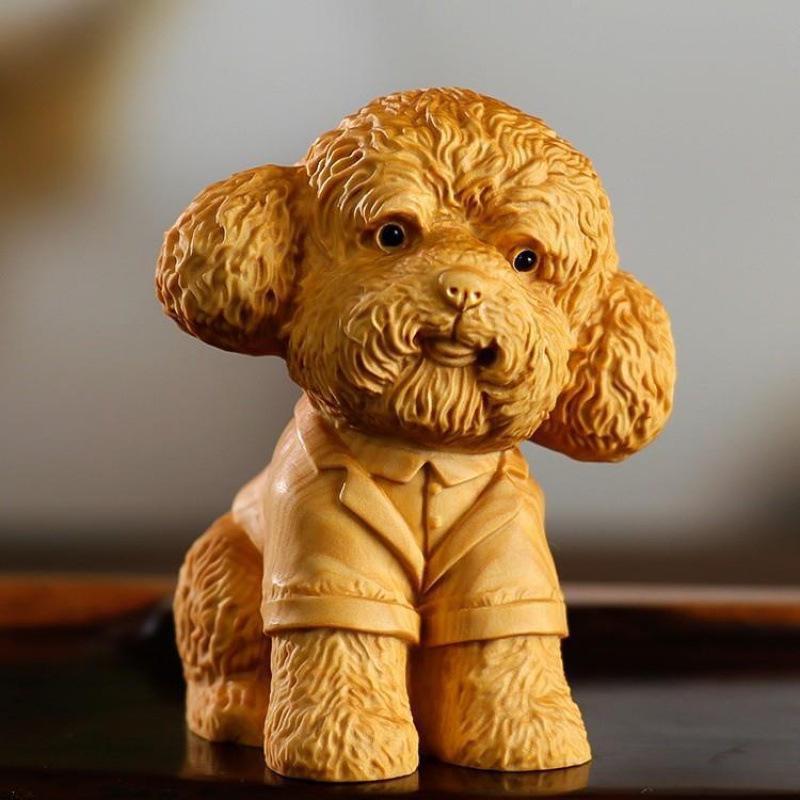 Cliff Cypress Wood Carved Teddy Dog Tea Pet - Zodiac Puppy Ornament for Home Decoration