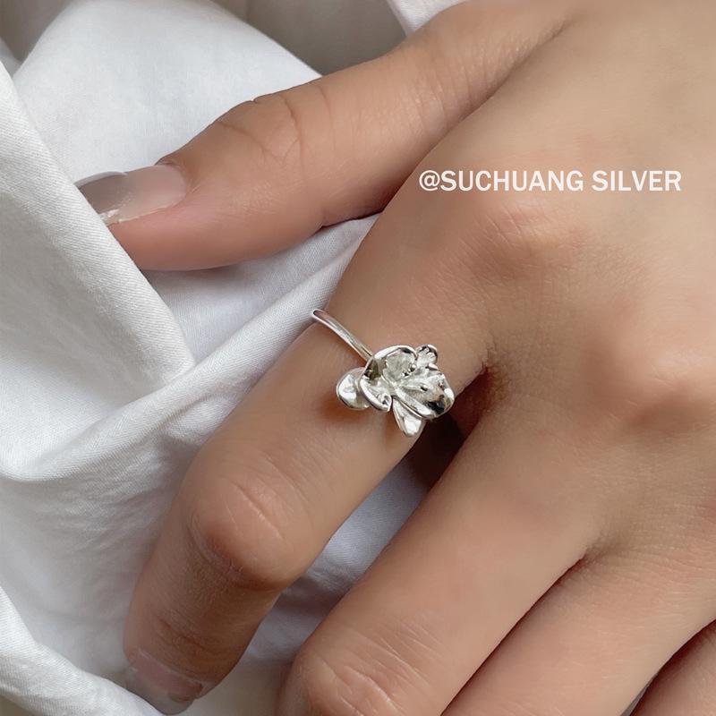 Su Chuang S925 Sterling Silver Adjustable Flower Ring for Women - Sweet, Luxurious, Minimalist Style