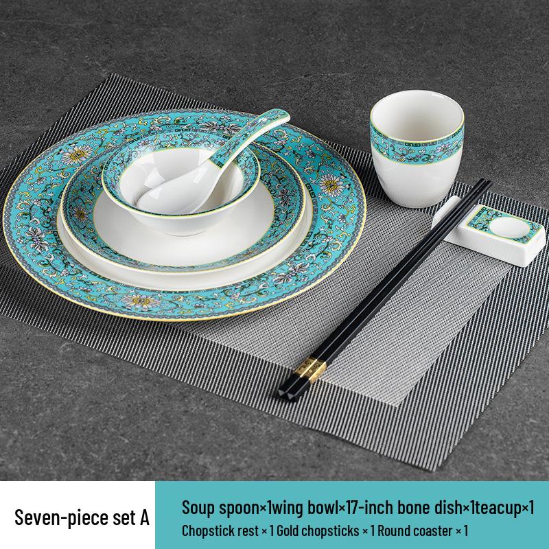 Set di stoviglie smaltate in stile cinese: Set di 4 ciotole, piatti e stoviglie in ceramica per uso in ristoranti e hotel