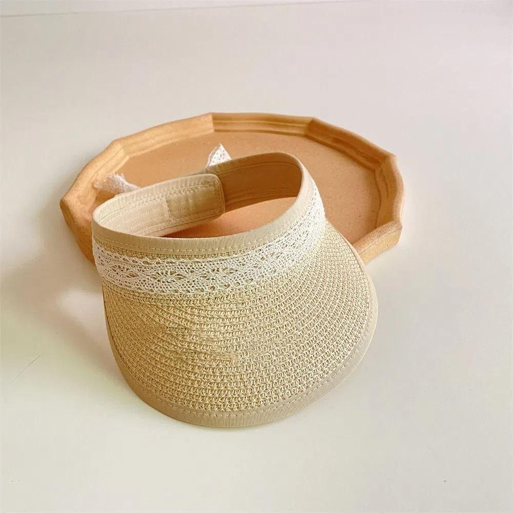 New Summer Baby Straw Caps Empty Top Beach Bow Lace Straw Hat Wide Brim Korean Children Sun Hat Vacation