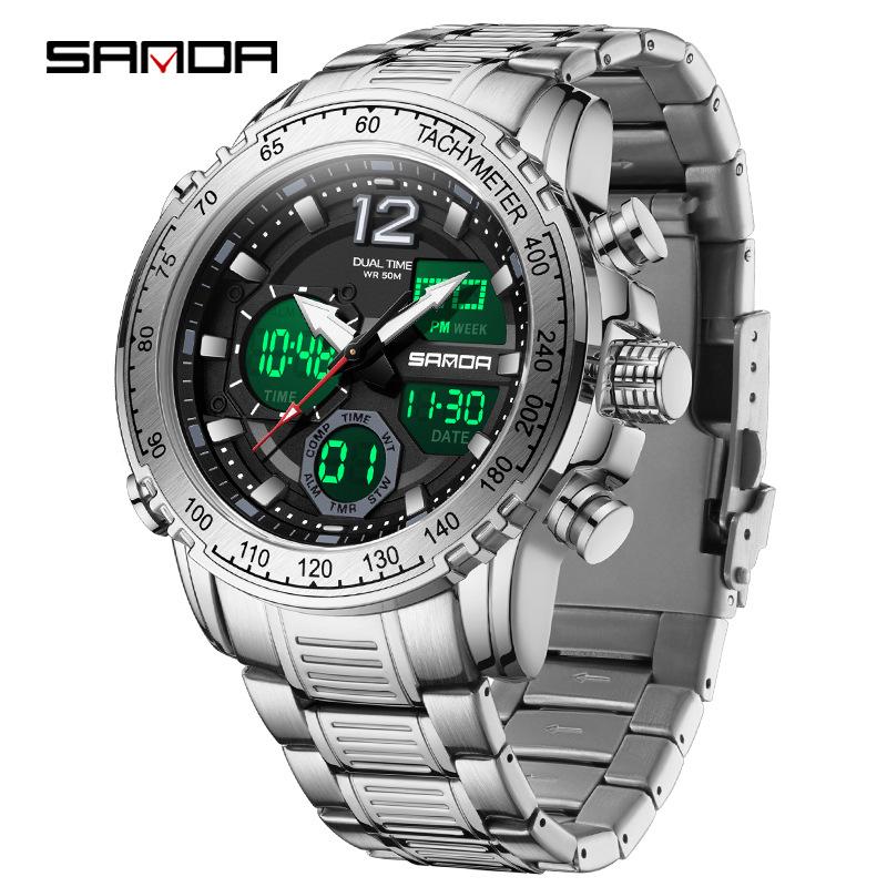 Sanda Men's Dual Display Multifunction Steel Band Sport Waterproof Watch