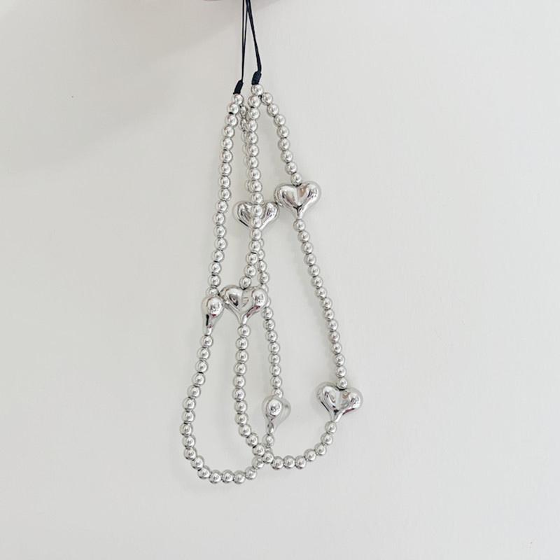 Ins Y2K Silver Love Heart Bowknot Phone Charm Strap Bead Pendant For Phone Accessories Hanging Rope Girl Jewelry