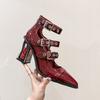 Spring New Coarse Heel Shoes Women Pointed Head Shallow Mouth Rivets Metal Buckle Line Belt High Heels