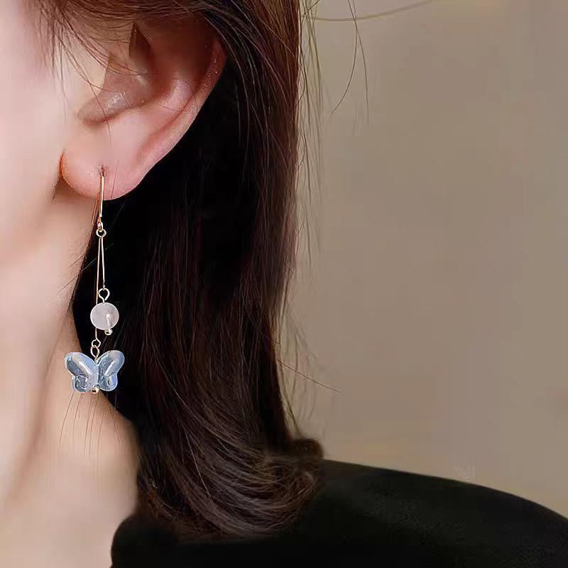 High-End Gradient Blue Crystal Butterfly Earrings – Chinese Style Long Dangle