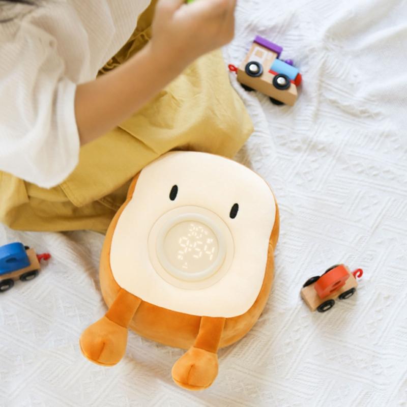 LED Digital Cartoon Alarm Clock Bedroom Night Light Bedside Electronic Clock Soft Plush Toast Shape Alarm Clock