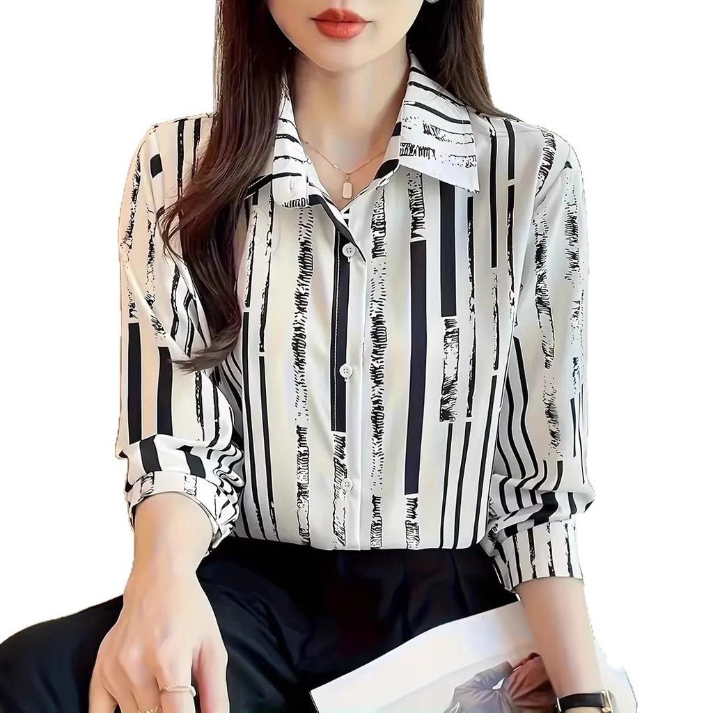 Women's Vertical Stripe Long Sleeve Blouse Vintage Lapel Collar Loose Fit Non Iron Chiffon Shirt For Spring Autumn Daily Wear