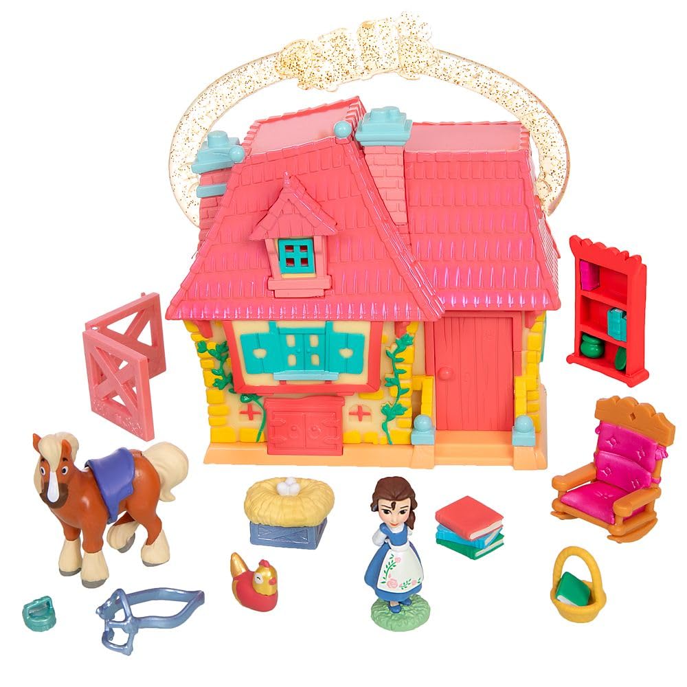 Official Disney Store Belle Cottage Micro Micro Toy Belle and Philip Micro Portable Travel Toy Playset with Travel Toy with Surprise Playset, Set,