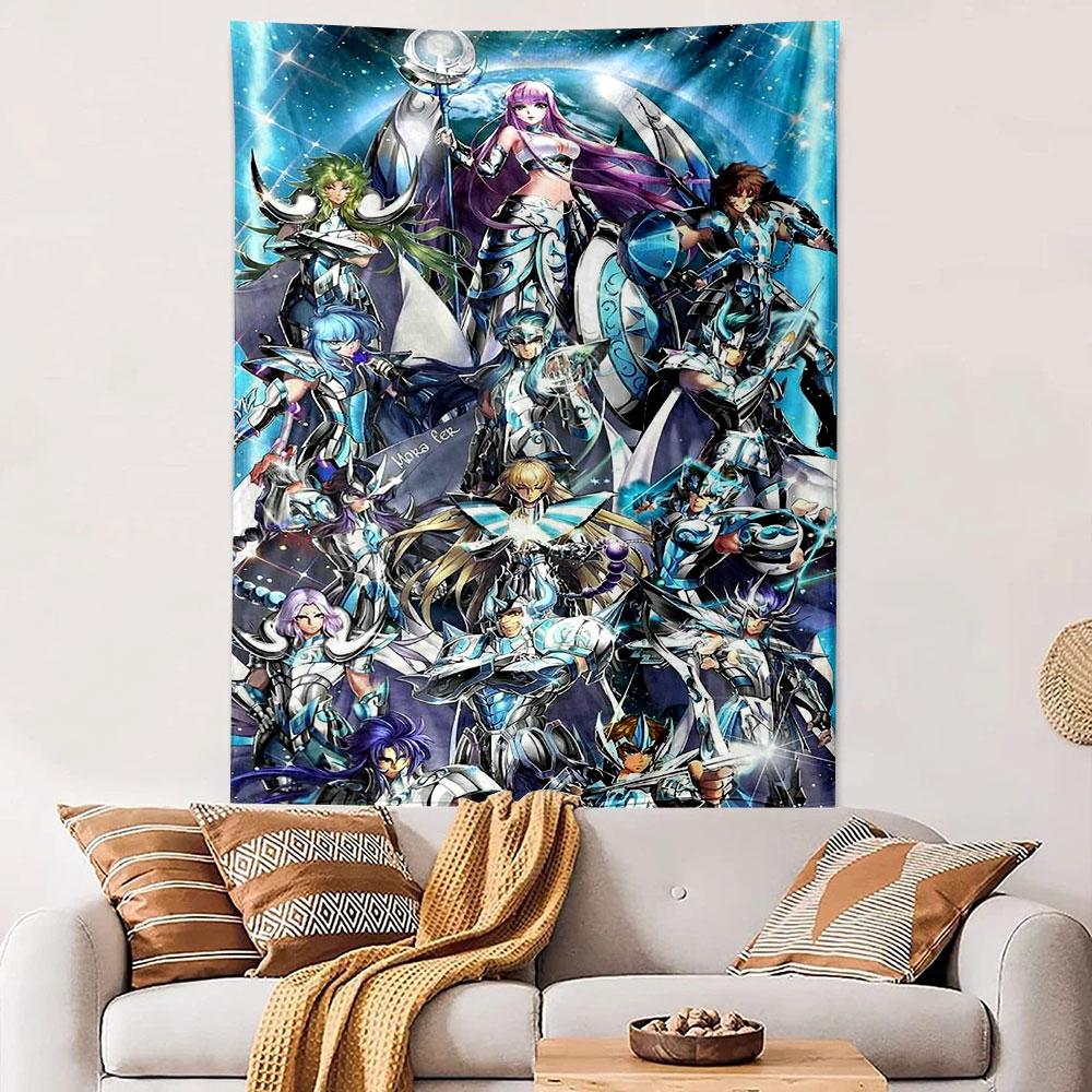 Saint Seiya Silver Blue Saints Athena Group Wall Tapestry Cyan Cosmic Anime Art Decor for Bedroom Dorm Gift