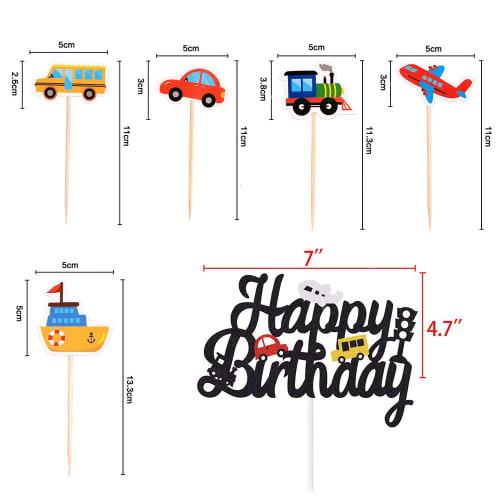YINKE Birthday Cake Topper, Car Cake Picks, Cake Insert Card, Happy Birthday Cake Decoration, Boy's Vehicle Cake Decoration (Set of 6)