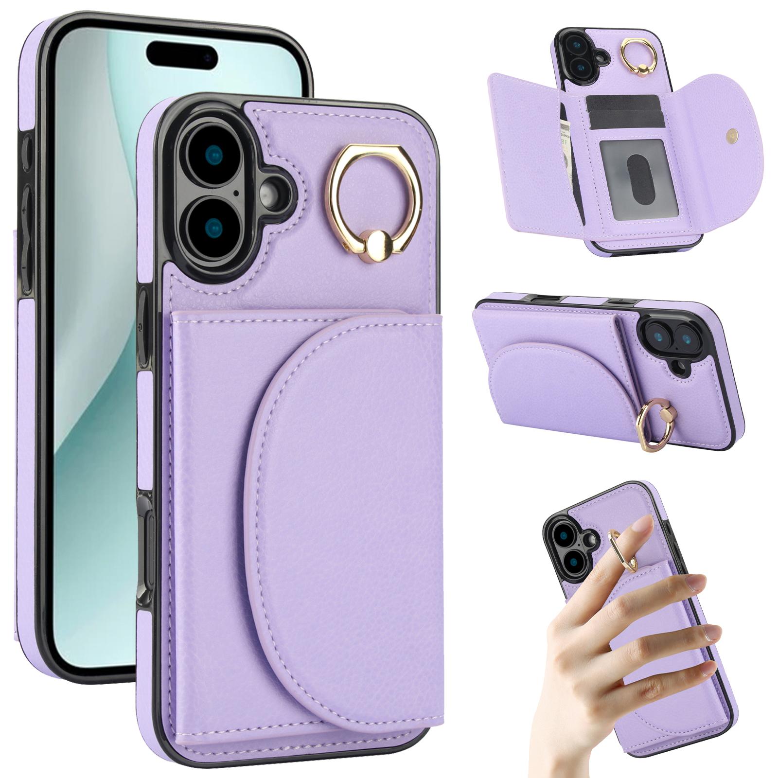 

For iPhone 16 Case RFID Blocking Wallet Kickstand Leather+TPU Phone Cover Light Purple