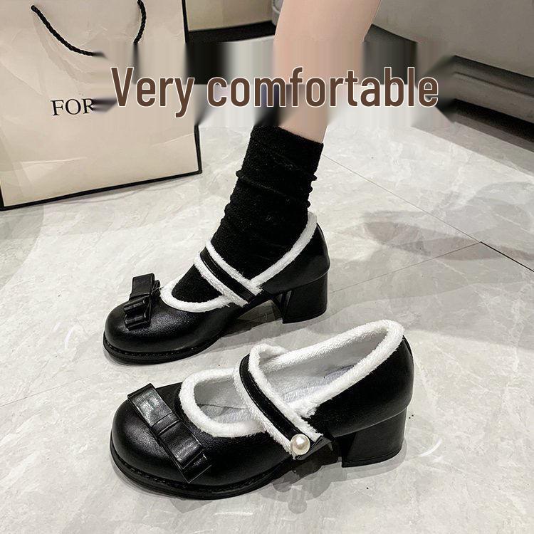 

Женские милые туфли Мэри Джейн с круглым носком во французском стиле - Осень/Зима плюс хлопок, в японском стиле JK, из маленькой кожи, на высоком каблуке. 35 чёрный