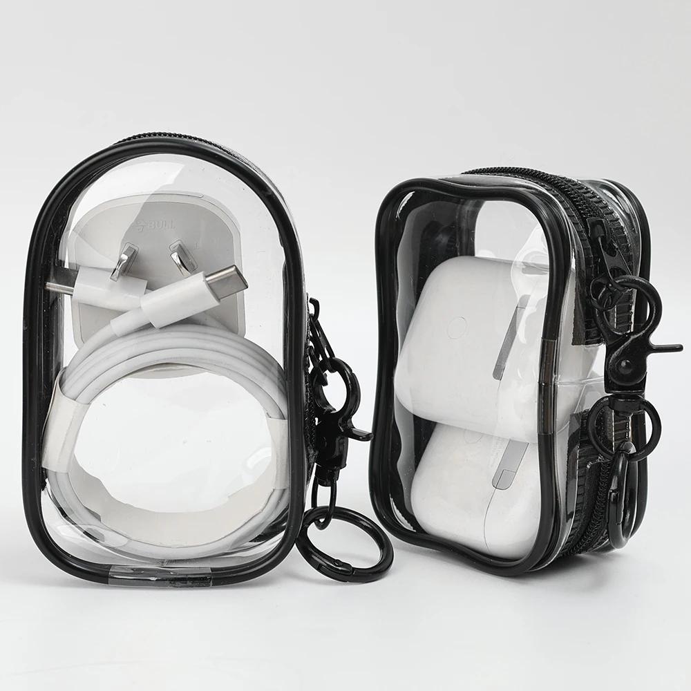 Portable Data Cable Storage Bag Mini Transparent Zipper Bag with Keychain for Earphone Coin Purse Lipstick Bags Pouch Organizer