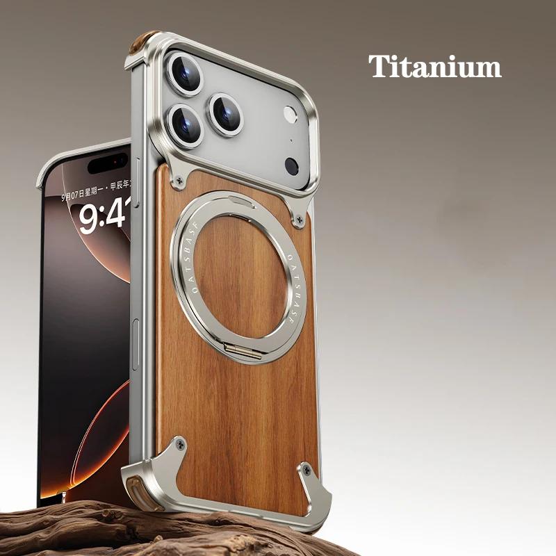 Eary Magnetic Wooden Case for iPhone 17 Pro Max Air for MagSafe Wireless Chargers 360°Rotating Stand Aluminum Solid Wood Shells