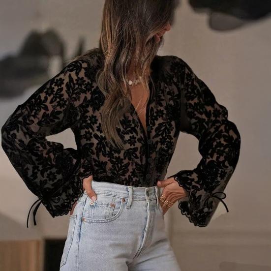 חולצת תחרה לנשים שרוולי פנסים חפתים מתרחבים חולצות עליונות כפתור יחיד פרחי תחרה חלולים עליונים לבגדי עבודה, דייטים, חופשה