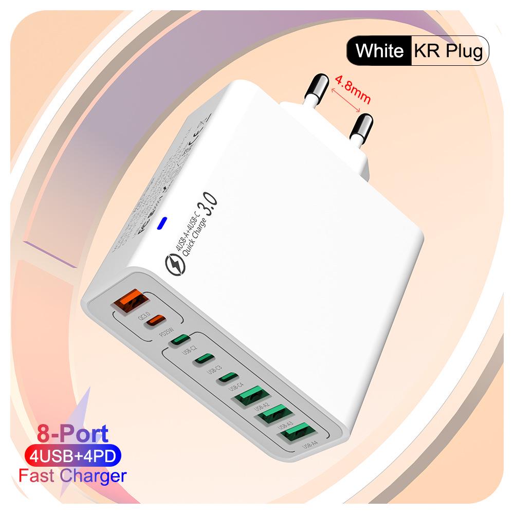 Fast 8-Port Charger: 4 USB, 4 PD, 55W, QC3.0 – Compatible with European, American, Korean Standards