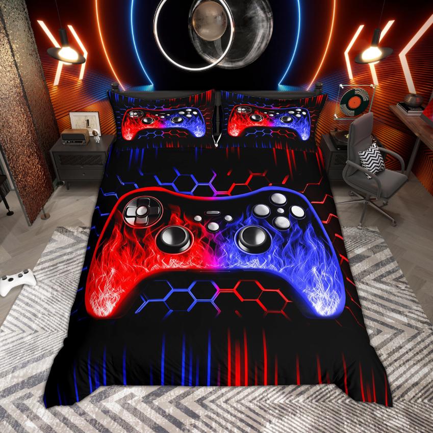 Homewish Pojkar Spelare Gaming Påslakan Set Neonlys Honungskaka Sängkläder Svart Vändbart Täckeöverdrag Set