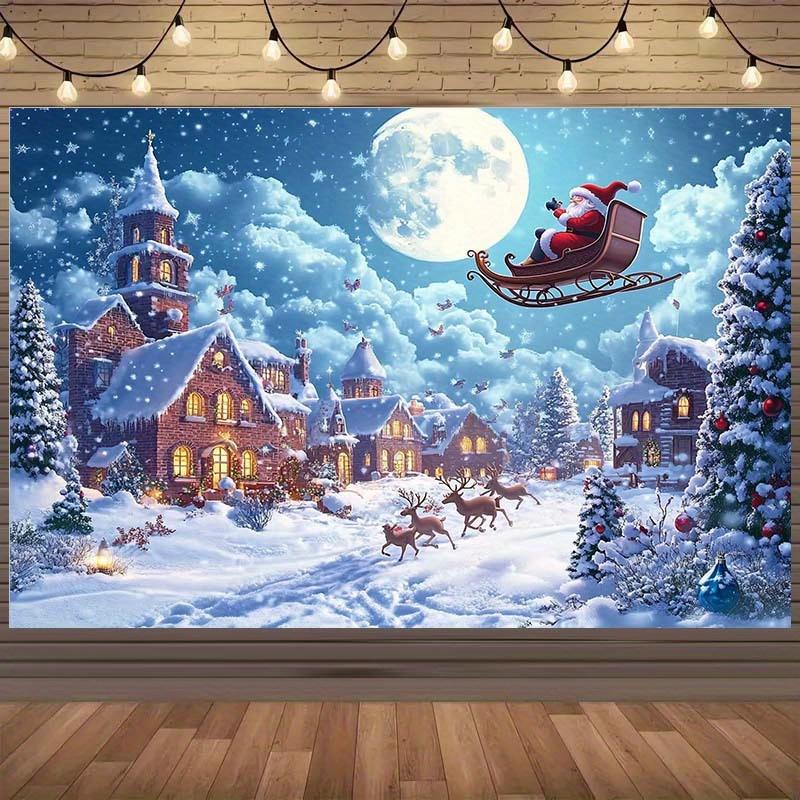 1pc Large Horizontal Christmas Winter Wonderland Tapestry - Santa Claus Sleigh, Reindeer, Snow Village & Full Moon Wall Hanging