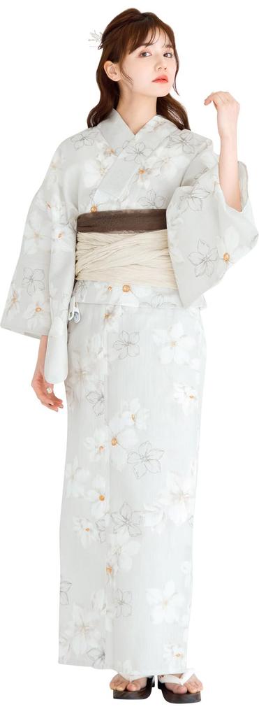 Dita Yukata Set with Obi In and Floral Simple Easy To Dress by Yourself No Free Women's 5-Piece (Heko Obi) White, Gray, Beige, Print, Natural, Design,